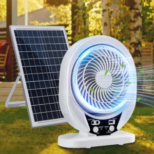 Portable Solar Fan Rechargeable Solar Powered Camping Fan with LED Bulb USB Ports Home Office Cooling Air Fan