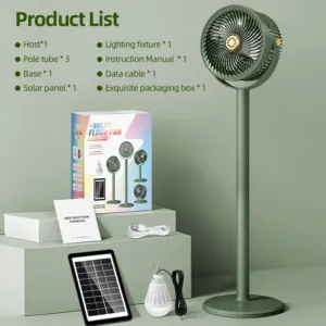 Solar Fan with LED Light, 5-Speed, 4-Height Adjustable, Portable Floor Fan for Camping, Hiking, Home, Office, USB/Solar Charging